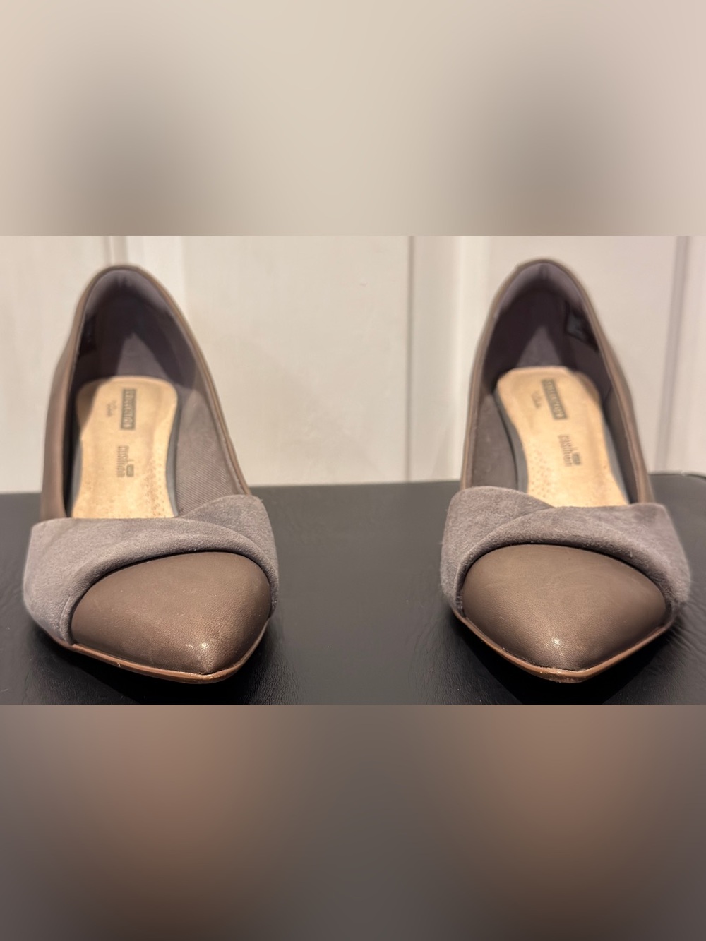 Women's Clarks Linvale Vena Grey Leather Pumps 2" Heels Size 7.5 M Suede on vamp